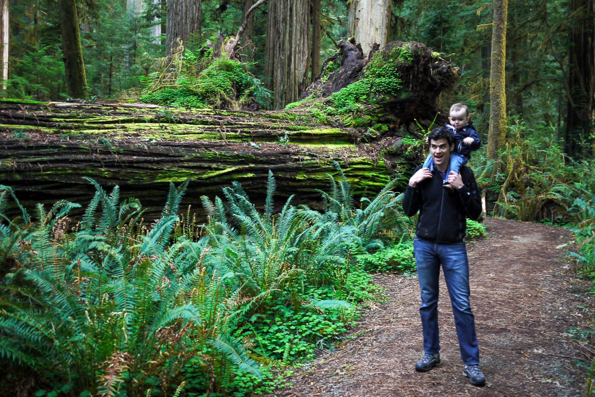 Lawrence with his son Julian in Redwoods, 2011