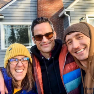 Jen Loree Byrd, Lawrence Long and Tanner Marshall in front of Jen's home, Oct. 2023