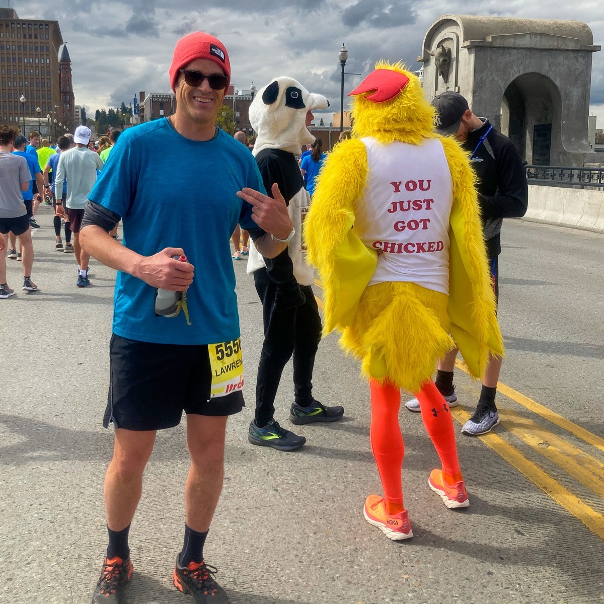 Lawrence with the panda and chicken that smoked him, Bloomsday 2022